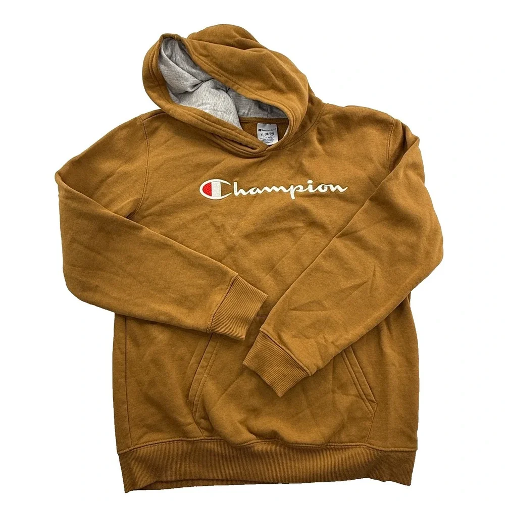 Champion Boys XL 18/20 Tan Script Logo Pullover Hoodie Sweatshirt